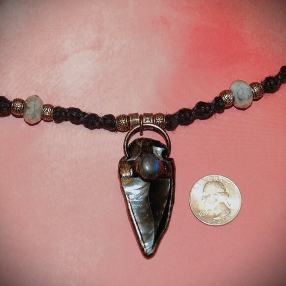 Copper-Toned Obsidian Arrowhead with Moonstone on 23" Handmade Black Hemp Chain - Picture 3 of 6